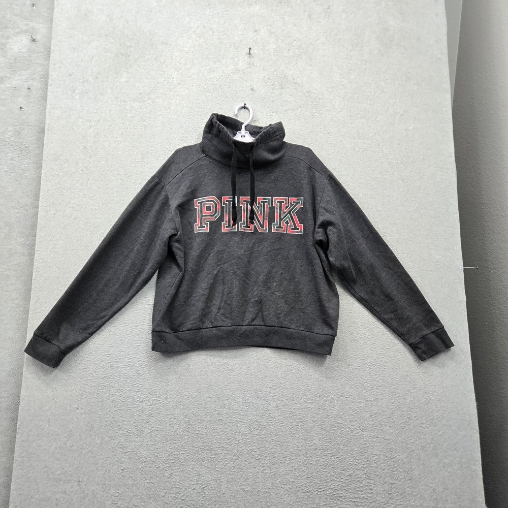 PINK Victoria's Secret Women Hoodie L Gray Fleece Logo Spellout Pullover
